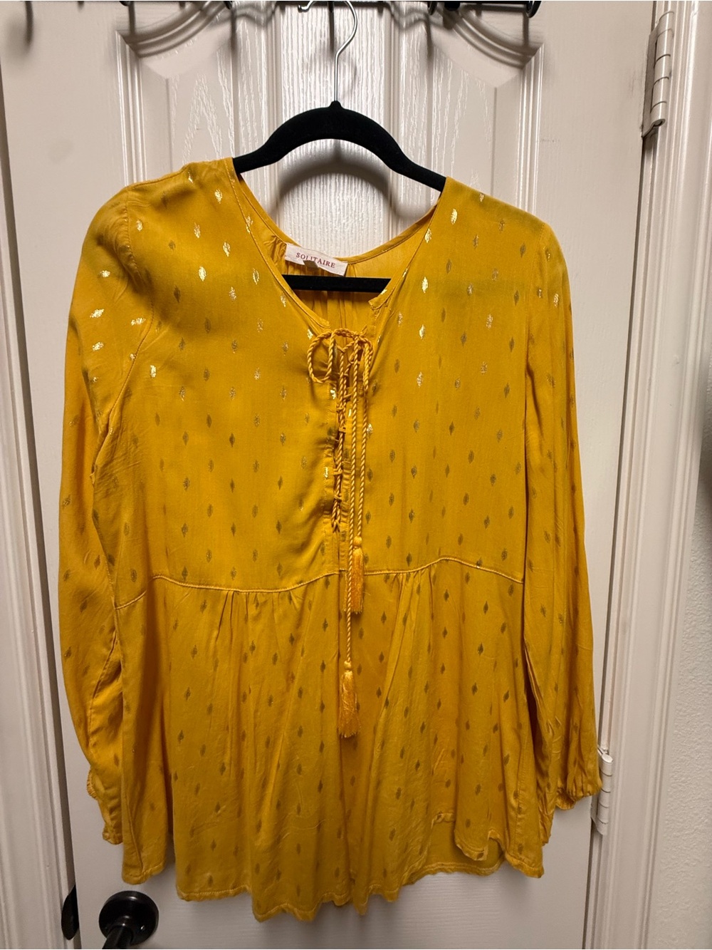 Solitaire Mustard Yellow Tie-Front Peasant Top with Gold Accents